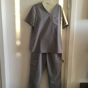 Figs Light Gray Scrub Set with Red Waistband Detail